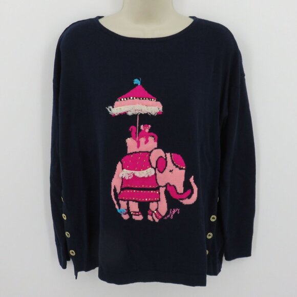Lilly Pulizer Women Small 000621 Caralynn Elephant Sweater Blue Gold Buttons Top - Picture 12 of 12